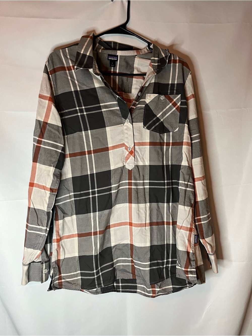 Patagonia Plaid Button-Down Tunic - Gray, White & Rust